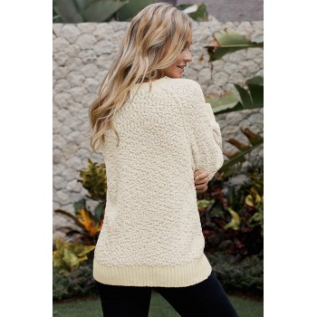 Brown Ribbed V Neckline Popcorn Knit Sweater Yellow Apricot